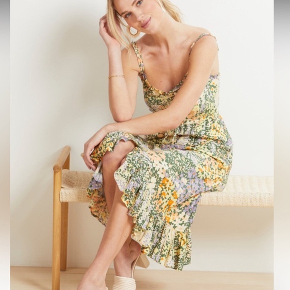 Rails Adalyn Midi Dress in Gardenia Floral Print Yellow Green Ruffle Bottom NWT - Picture 6 of 13